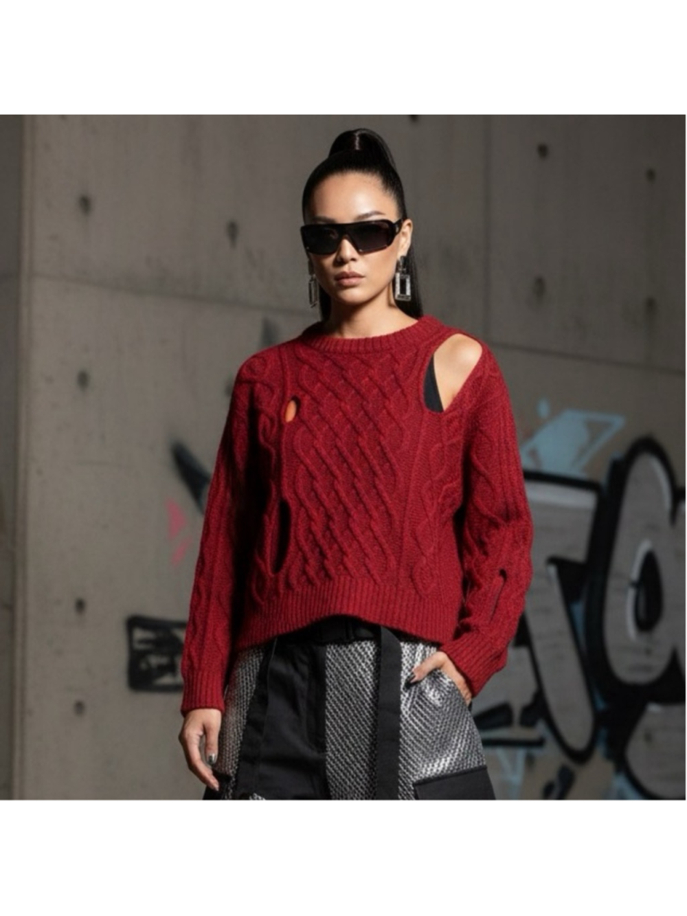 Cranberry Wool Blend Cable Knit Crewneck Sweater w/ Hole Detailing Size L